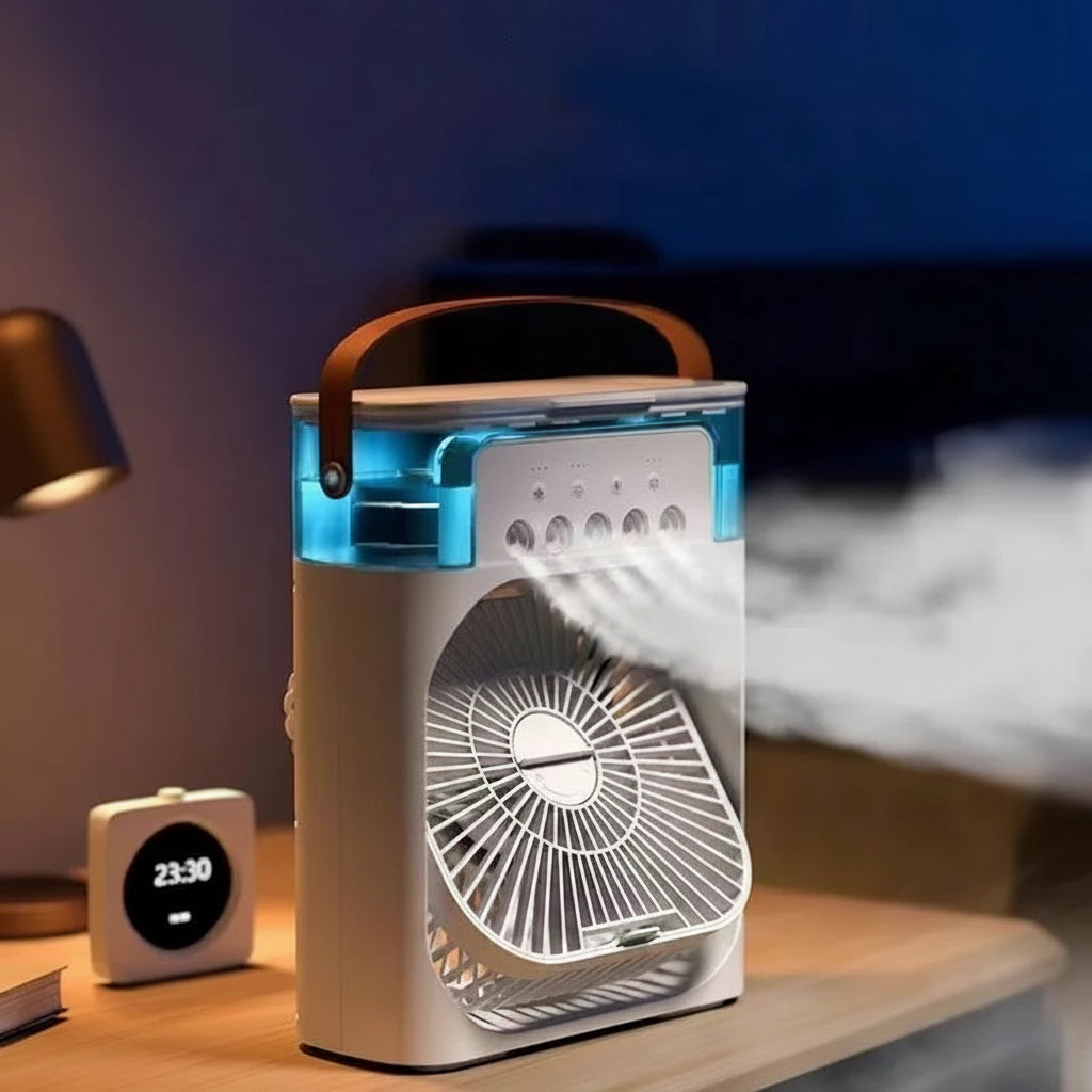 Mini Climatiseur USB 3-en-1 – Ventilateur, Humidificateur & LED 7 Couleurs | Silencieux, Portable, Idéal Bureau & Chambre